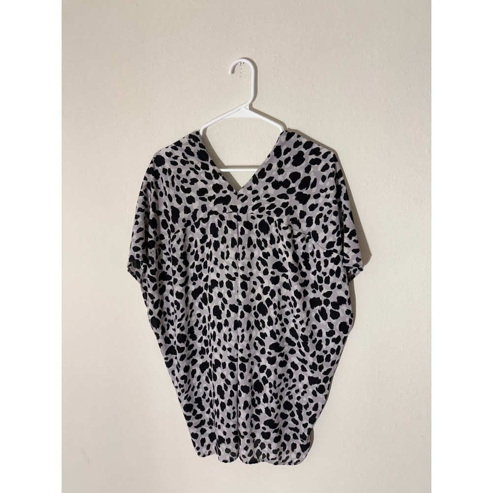 Womens Gray Black Leopard Print Kaftan Top Tunic Oversized V Neck Short Sleeve